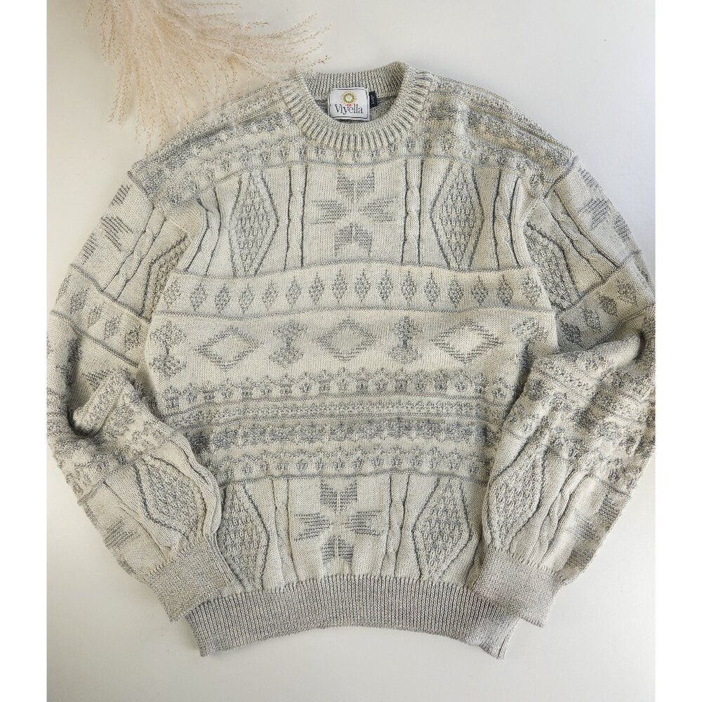 Vintage neutral Nordic pattern wool knit sweater men's, women's/ oversize jumper